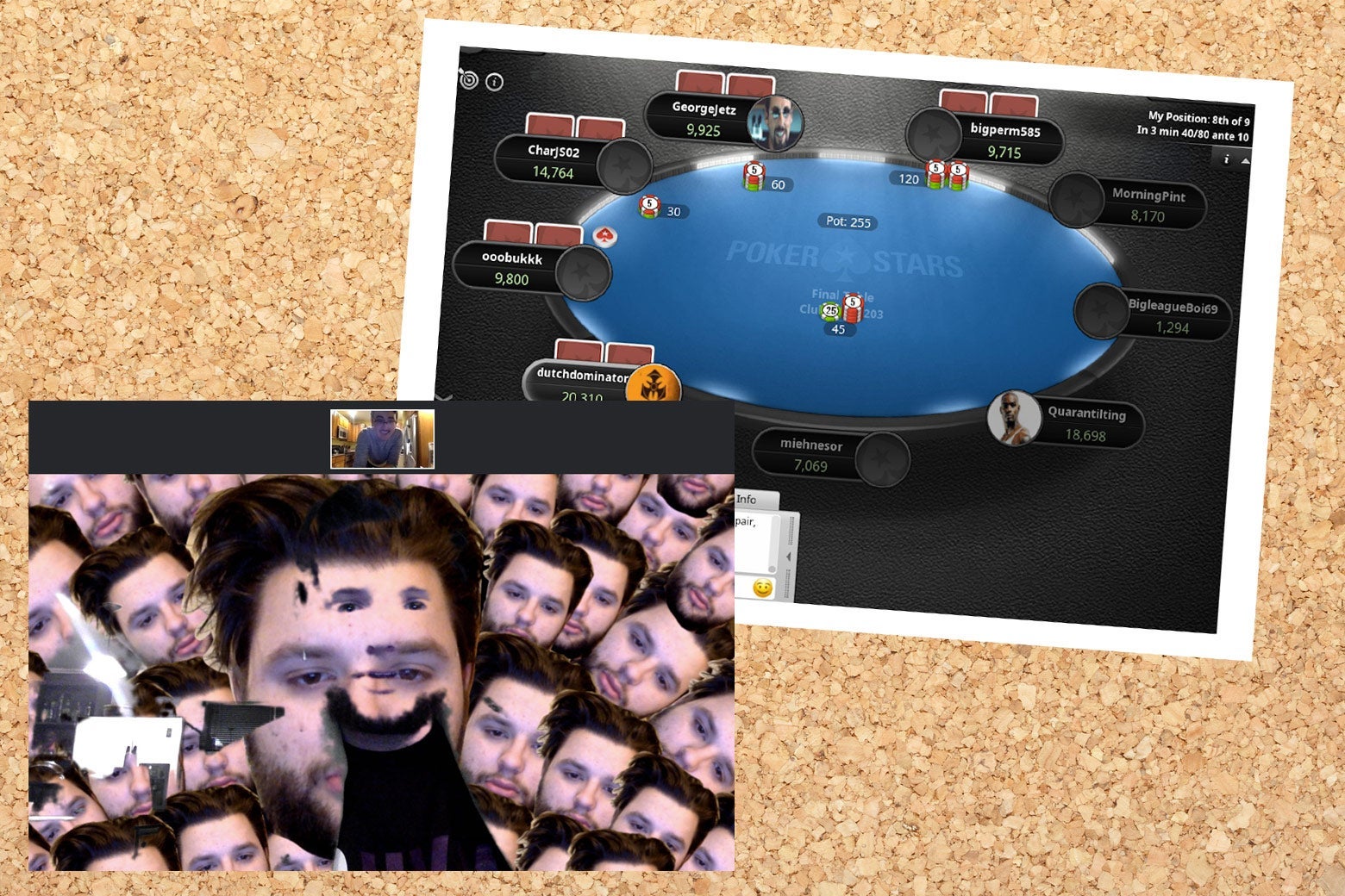 A crazy Zoom background with a picture of Jasper's face, fractured; an online poker table.