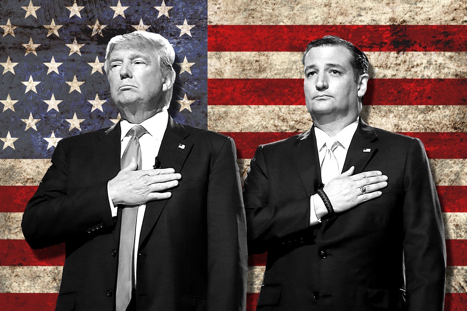 Collage of Trump and Cruz, each standing with his right hand over his heart, in front of an American flag