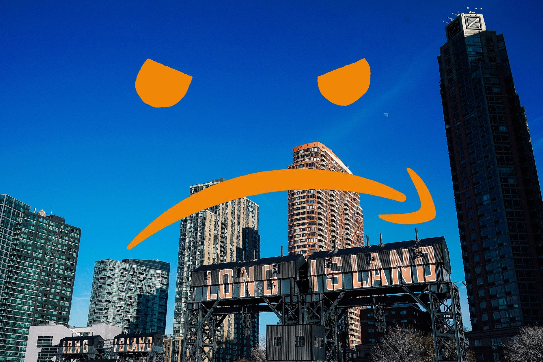 Amazon logo upside down to make a frown over an image of Long Island City
