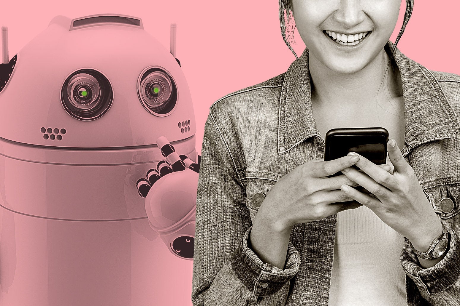 A woman smiles as she looks at her phone, while a robot looks over her shoulder.