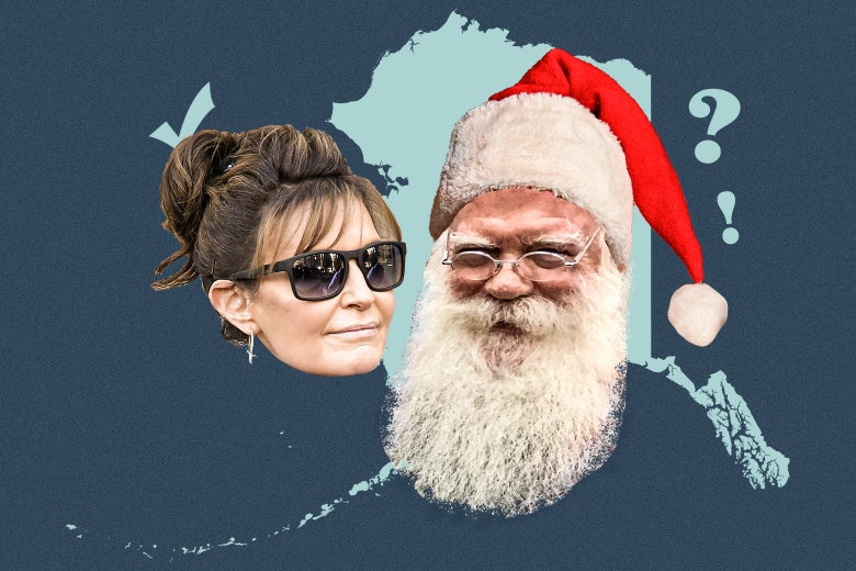 Photo illustration of Palin in sunglasses, Santa smiling (complete with hat and beard), illustrated over a silhouette of Alaska surrounded by a check mark, a question mark, and an exclamation point