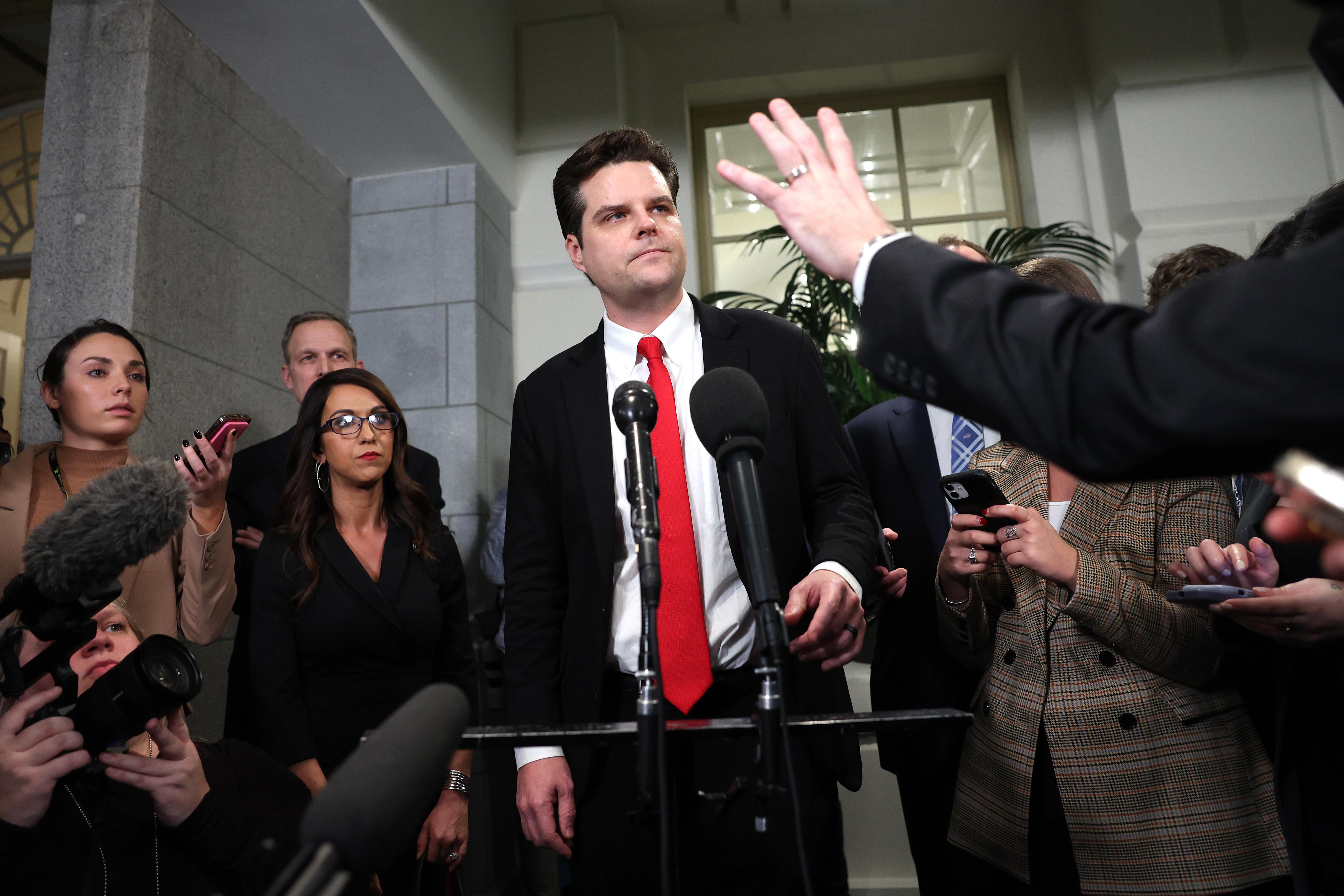 WASHINGTON, DC - JANUARY 03: U.S. Rep. Matt Gaetz (R-FL) speaks to reporters following a meeting with House Republicans at the U.S. Capitol Building on January 03, 2023 in Washington, DC. Today members of the 118th Congress will be sworn in and the House of Representatives will hold votes on a new Speaker of the House. Gaetz was joined by Rep. Lauren Boebert (R-CO) (2nd L) and Rep. Scott Perry (R-PA).  (Photo by Kevin Dietsch/Getty Images)