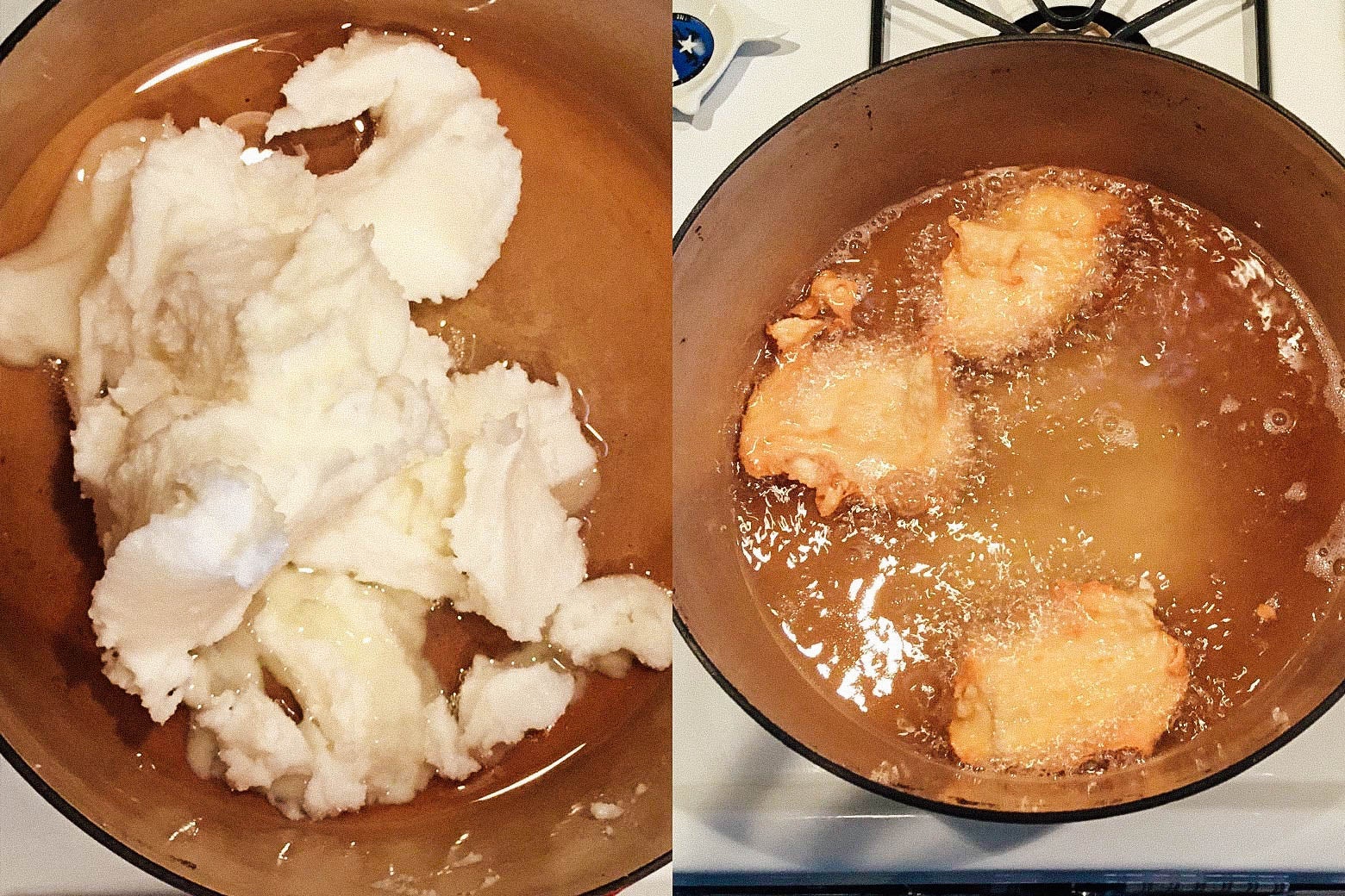 Side-by-side photos of Dutch oven full of lard, and some bubbling oily cakes.