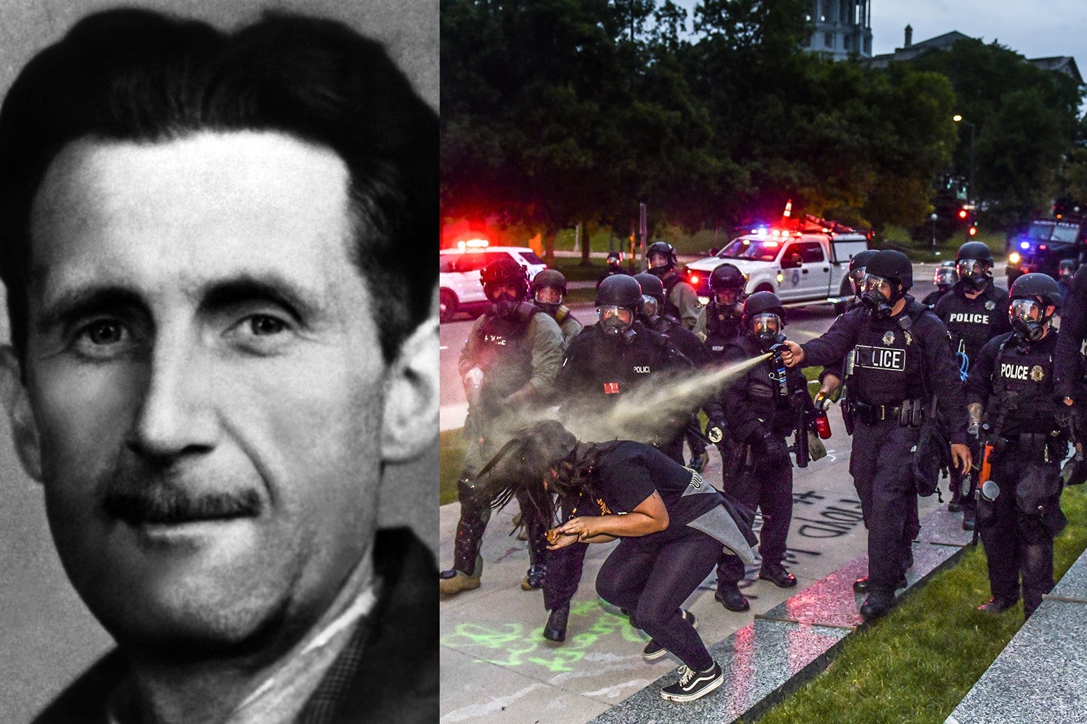 George Orwell and a recent image of police using pepper spray on a protester.
