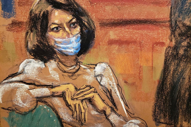 A courtroom drawing of Ghislaine Maxwell seated wearing a mask
