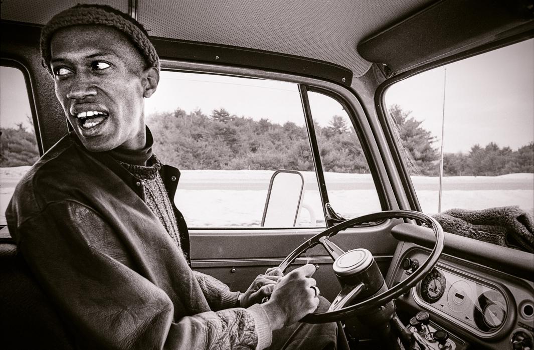 Don Cherry driving to concert in Boston, I-89 New Hampshire, 1970.