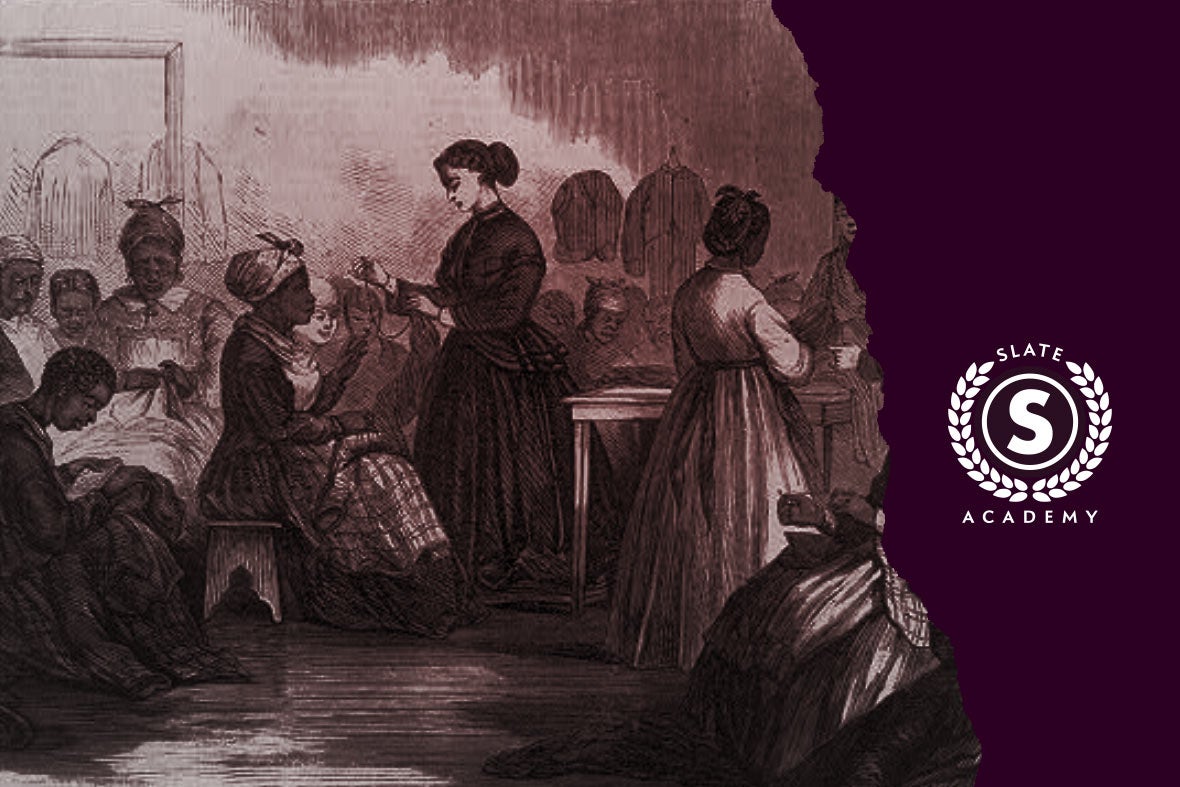 A historic drawing shows black women together in a room. Plus, a Slate Academy logo.