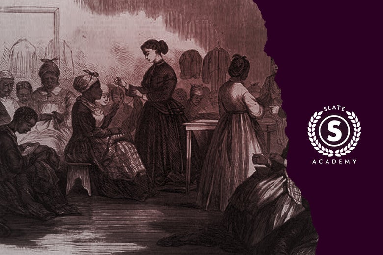 A historic drawing shows black women together in a room. Plus, a Slate Academy logo.