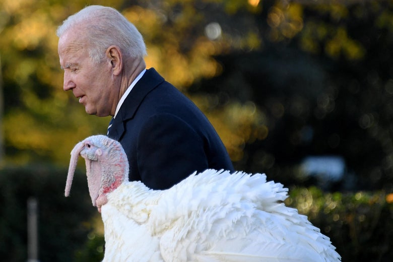 Joe Biden and a turkey, both in profile.