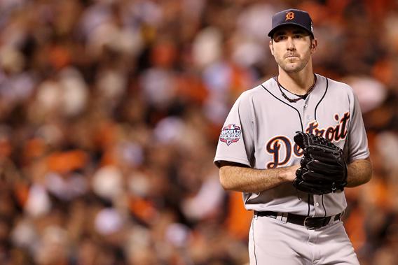 Justin Verlander of the Detroit Tigers looks on against the San Francisco Giants during Game One of the Major League Baseball World Series at AT&T Park on October 24, 2012 in San Francisco, California.  