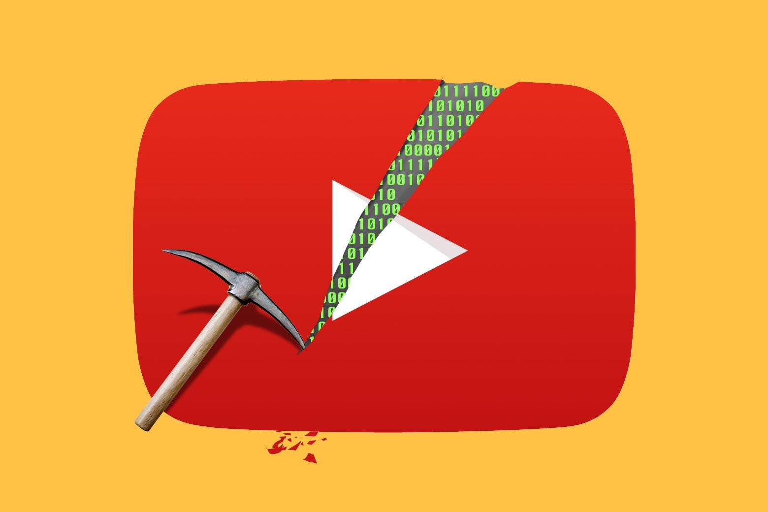 Photo illustration of a pickax cutting a hole of into the YouTube logo revealing 0's and 1's. 