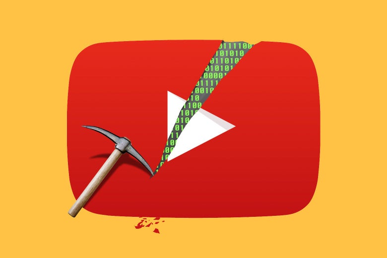 Photo illustration of a pickax cutting a hole of into the YouTube logo revealing 0's and 1's.