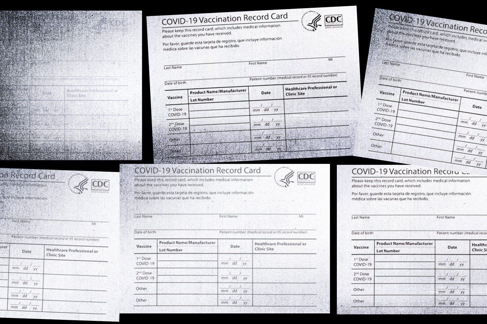 A collage of COVID vaccine cards.
