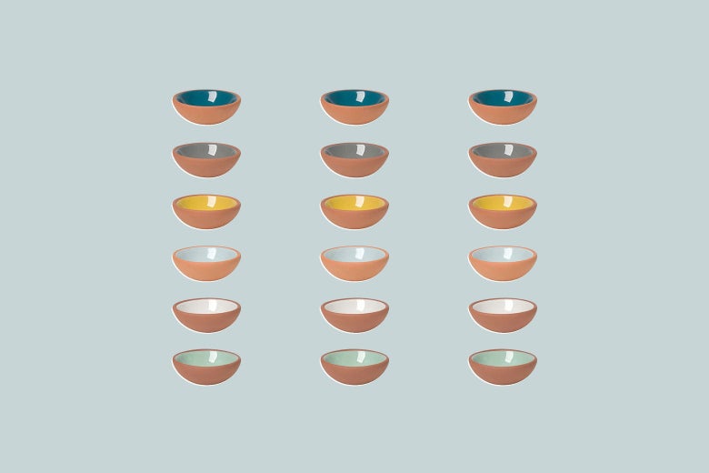 Three rows of six colorful pinch bowls