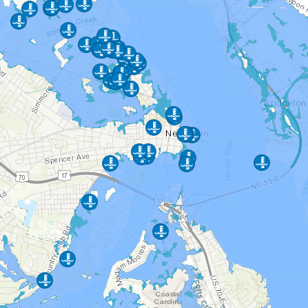 High water calls (blue circles) against predicted outlines of a 100-year flood. 