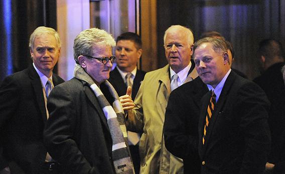 U.S. Sen. Ron Johnson (R-WI) , U.S. Sen. Tom Coburn (R-OK), U.S. Sen. Richard Burr (R-NC) and U.S. Sen. Saxby Chambliss (R-GA) leave the Jefferson Hotel after a dinner with President Barack Obama March 6, 2013 in Washington, DC. Obama called togeher the dinner meeting with several Senate Republicans in an effort to open the lines of communication between the White House and GOP. 