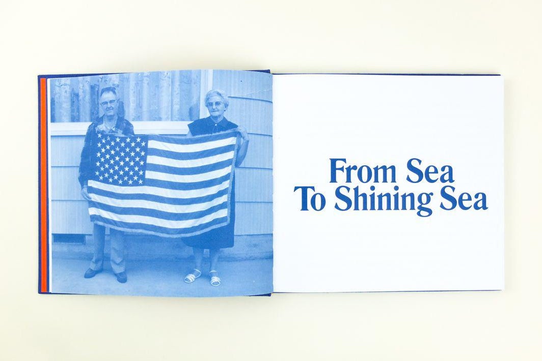This looks like the book's inside cover, with an old couple holding up the flag on the left and the words "From sea to shining sea" on the right