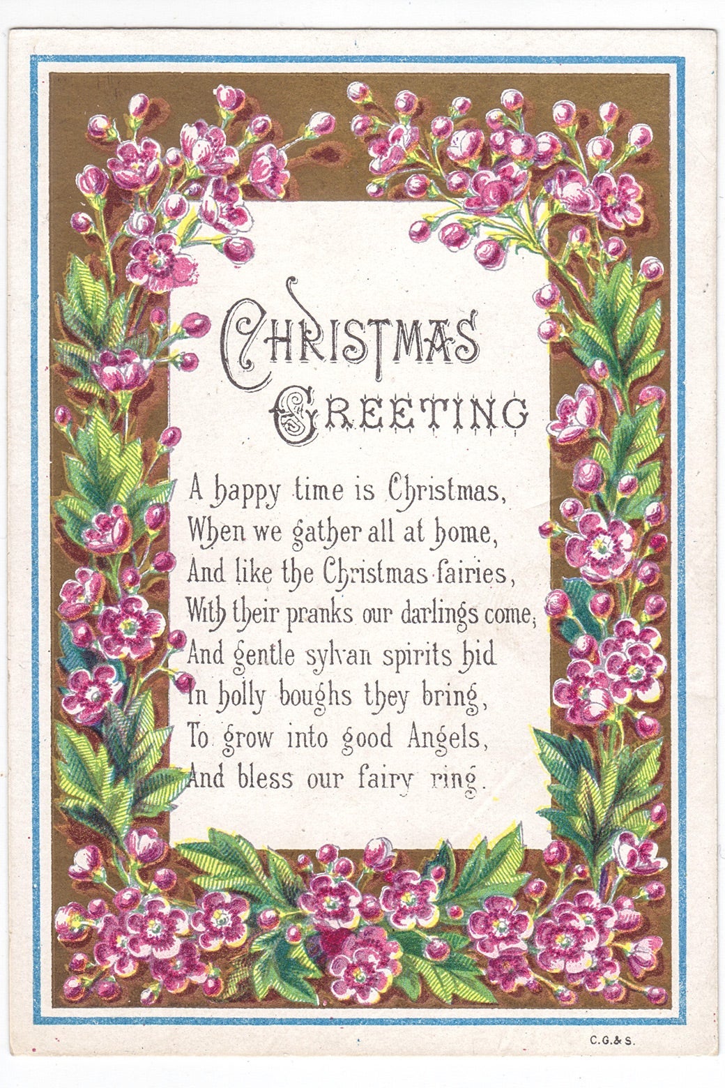 A poem titled "Christmas Greeting" on a card with a flower border