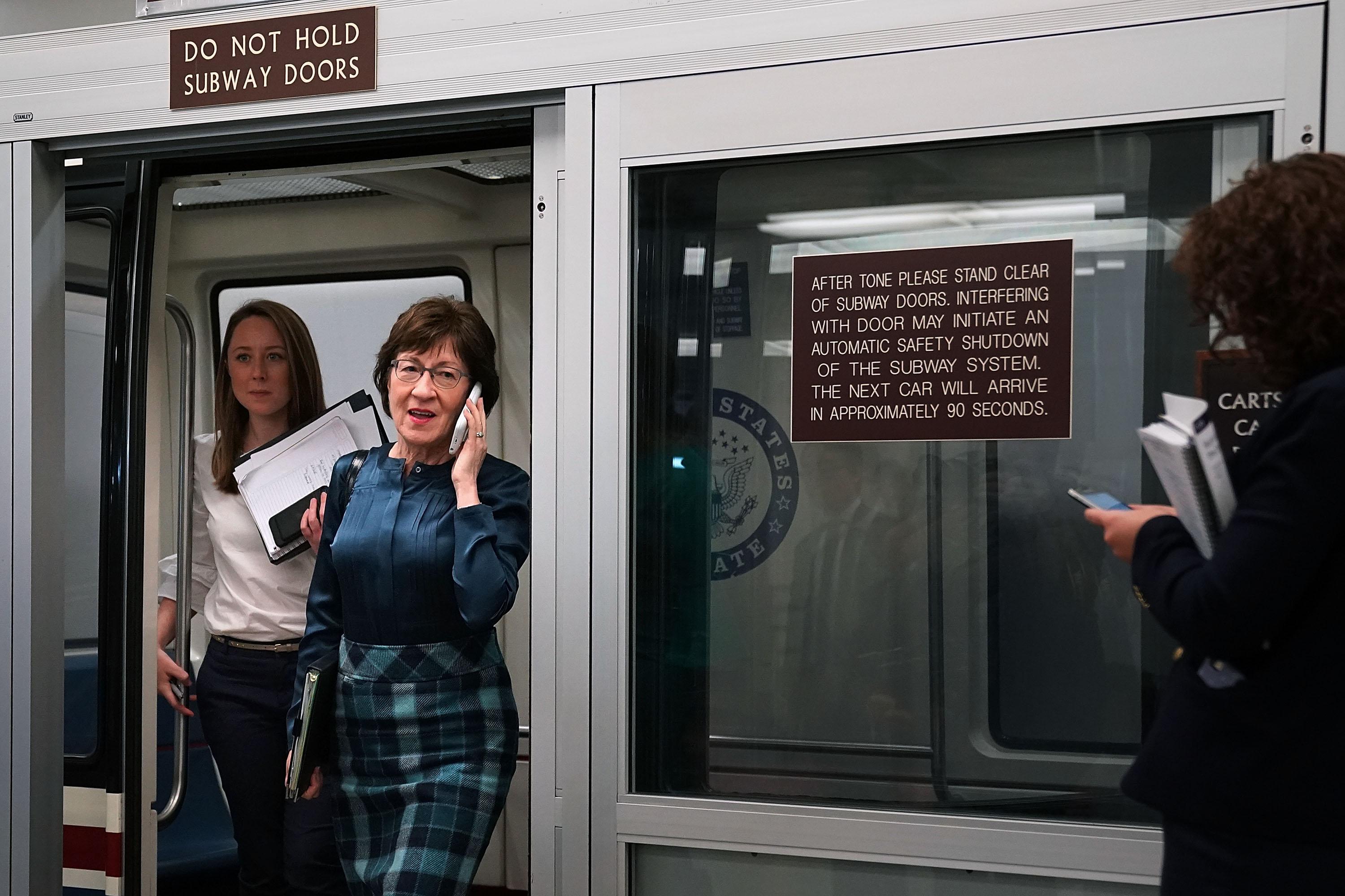 WASHINGTON, DC - NOVEMBER 14:  Sen. Susan Collins (R-ME) steps off the Senate subway as she heads for the GOP policy luncheon at the U.S. Capitol November 14, 2017 in Washington, DC. Senate Republicans are distancing themselves from Alabama GOP senate candidate Judge Roy Moore after five women have accused him of sexually inappropriate behavior and some in his own party have asked him to drop out of the race.  (Photo by Chip Somodevilla/Getty Images)