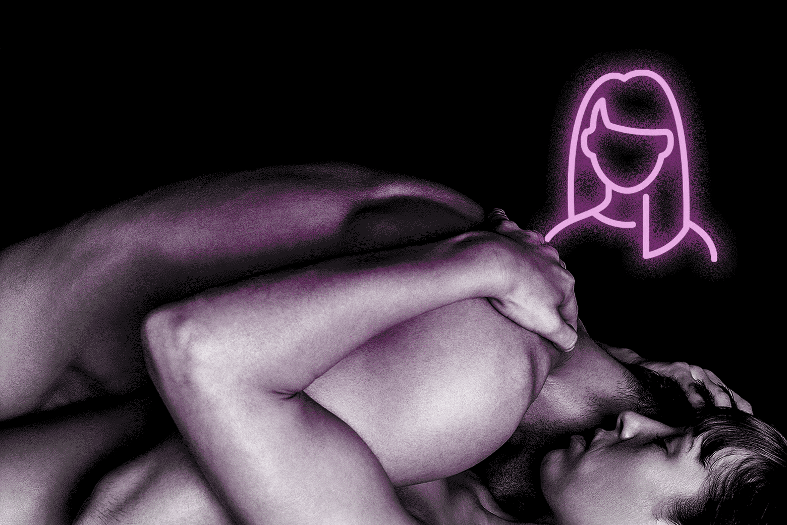 A man and woman in sexual embrace, while a female outline hangs over them.