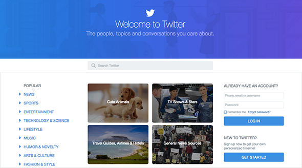 Twitter's new home page for logged out visitors. 