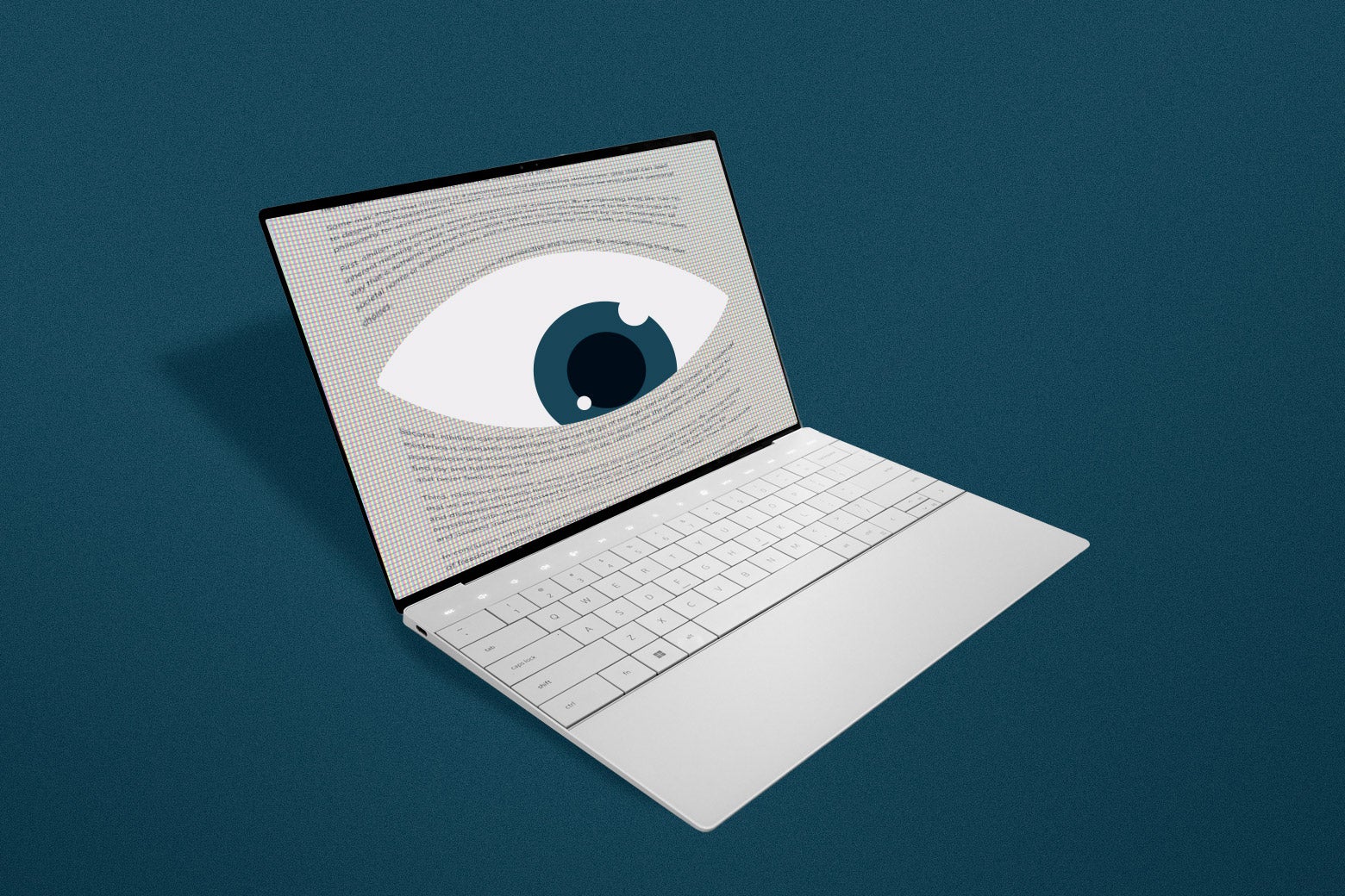 An all-seeing eye surveils your every action from the screen of an open white laptop.