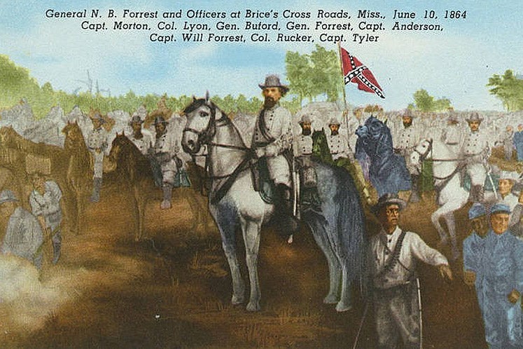 A postcard of a painting at a battlefield where Forrest is mounted on a horse, surrounded by his army