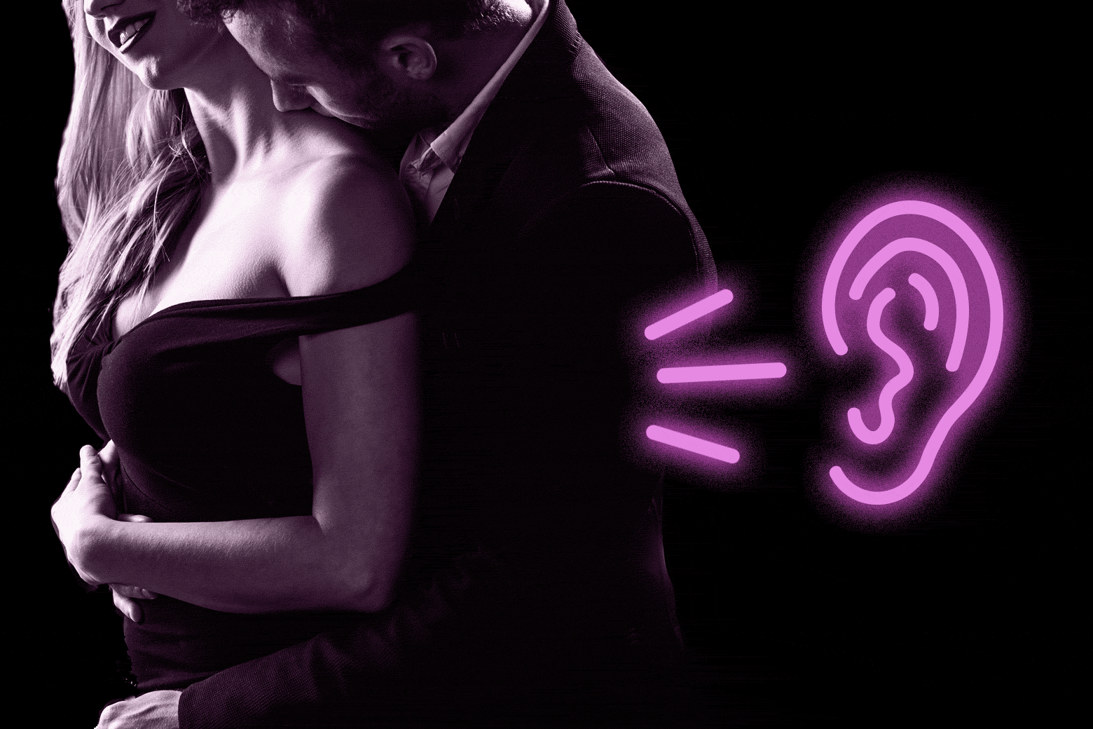 A couple getting it on, making noise that's getting picked up by a glowing neon ear.