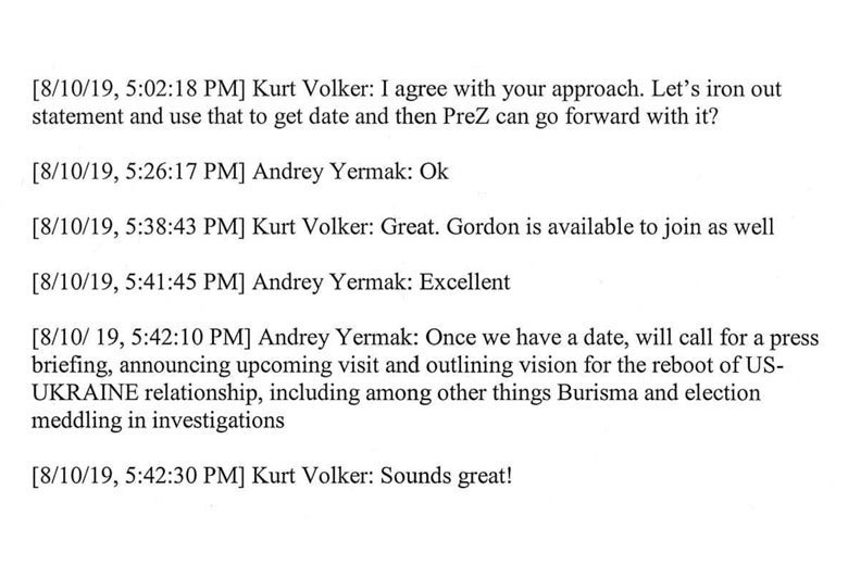A screenshot of text message exchanges released by congress after Kurt Volker's testimony.