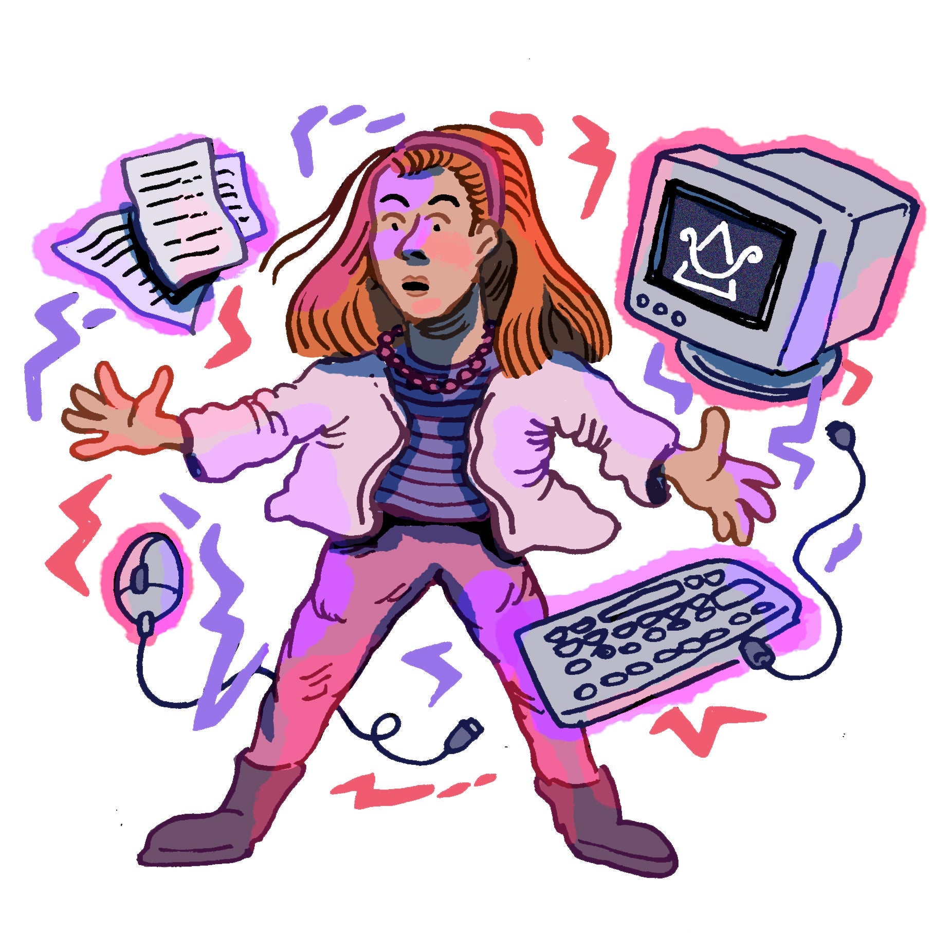 Illustration of Willow surrounded by computer accessories.