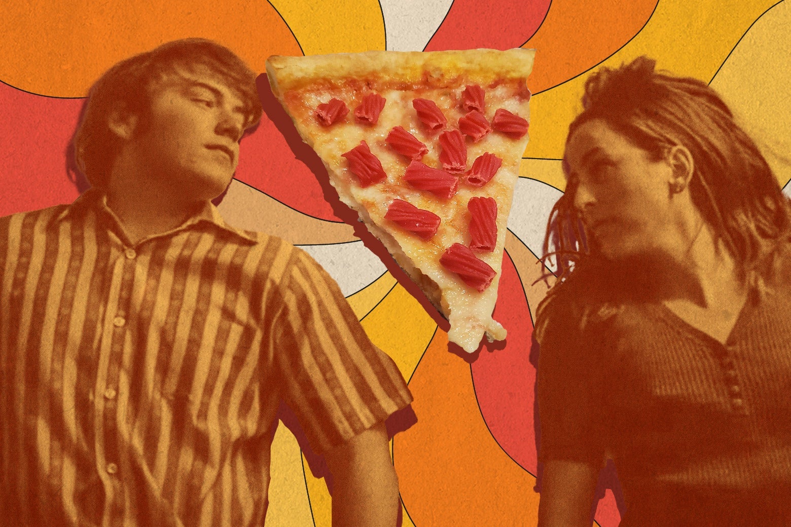 The characters from Licorice Pizza against a psychedelic background with a slice of pizza with red licorice on it between them.