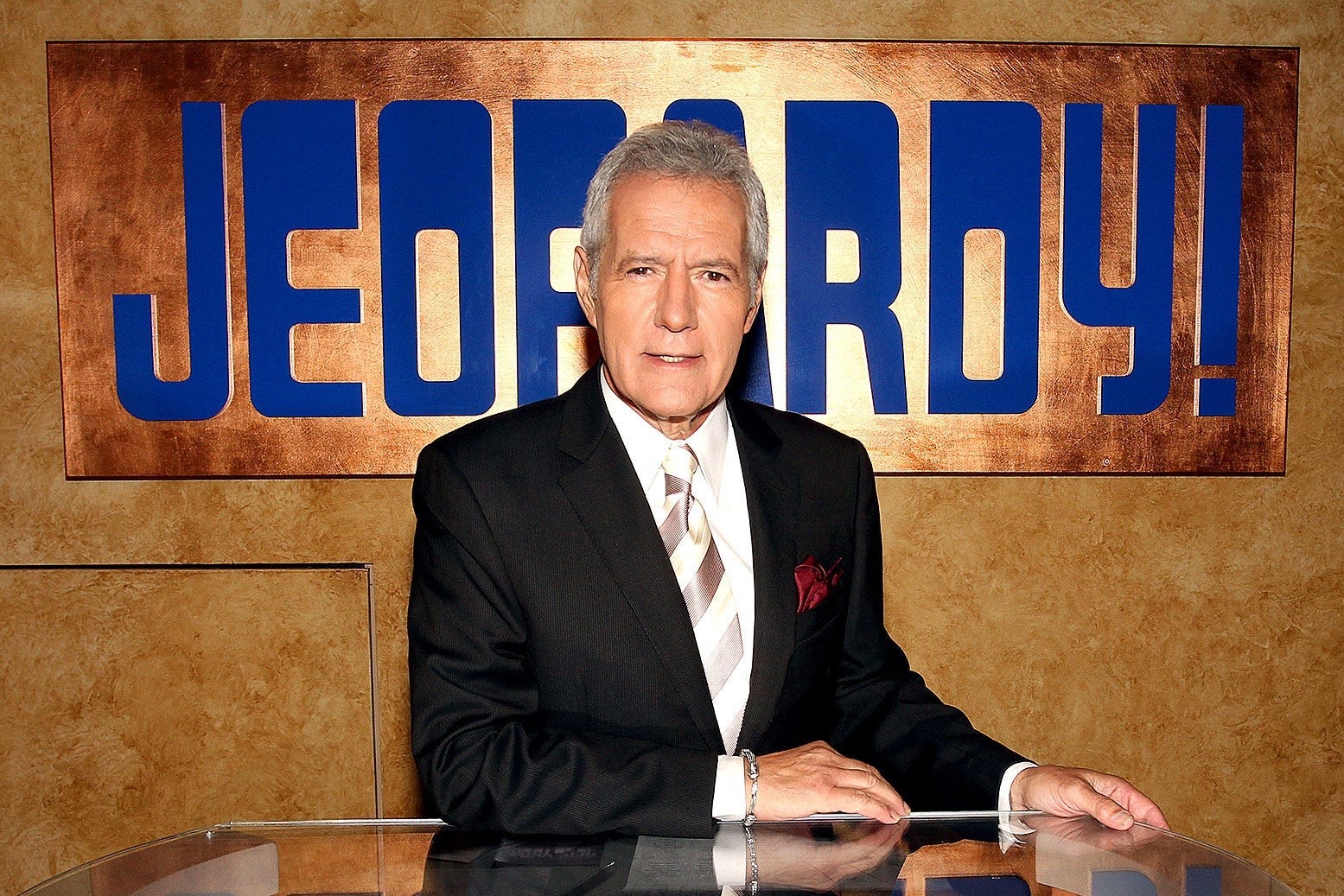 Alex Trebek poses on the Jeopardy set in Culver City, California.