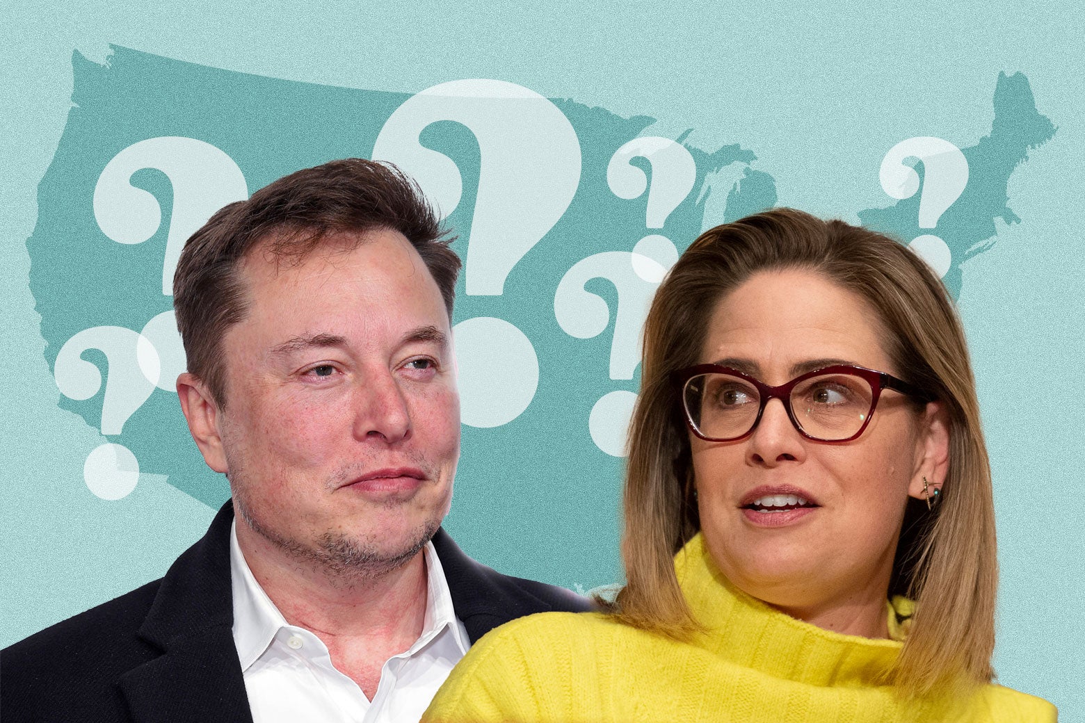 Elon Musk and Kyrsten Sinema's cut-out head shots are seen against a backdrop of a blue United States map covered in question marks. Both Musk and Sinema are wearing goofy expressions.