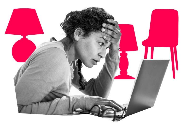 Woman looking distressed while looking at her laptop, graphics of furniture around her.