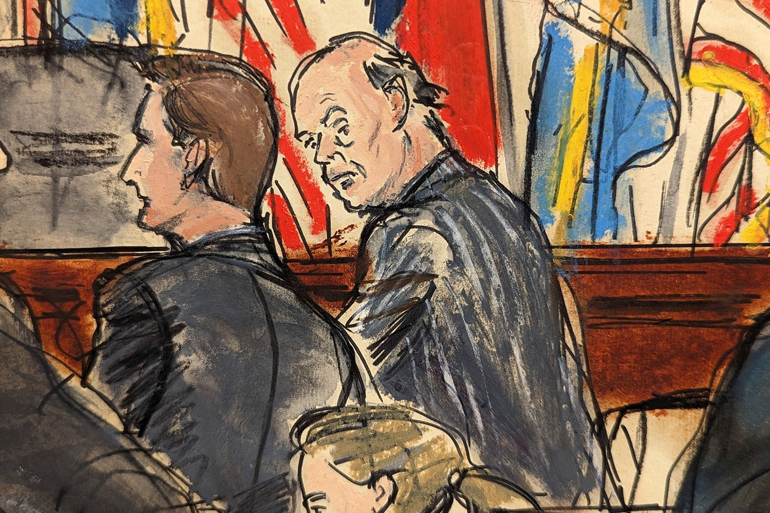 A courtroom sketch of two attorneys, from opposing sides, conferring.