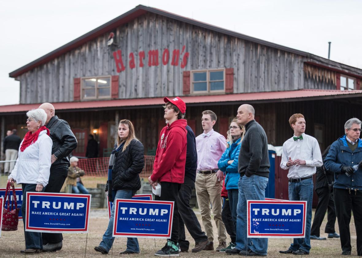 People wait in line at at a Donald Trump campaign rally at Harmon Tree Farm January 27, 2016 in Gilbert, South Carolina.