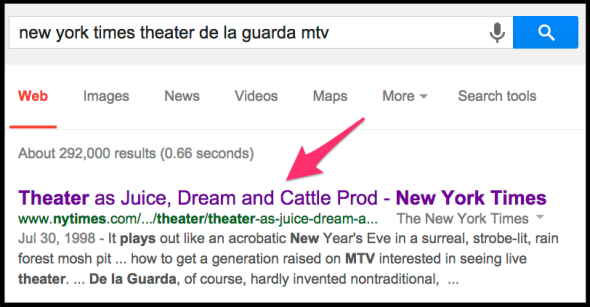 NYT story removed from Google search results: "Theater as juice, dream, and cattle prod"