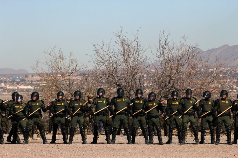 U.S. Border Patrol, Immigration and Customs Enforcement (ICE) and Customs and Border Protection (CBP) agents take part in a safety drill in New Mexico on Jan. 31, 2019.