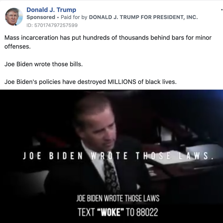 A Facebook ad showing Donald Trump's ad criticizing Joe Biden