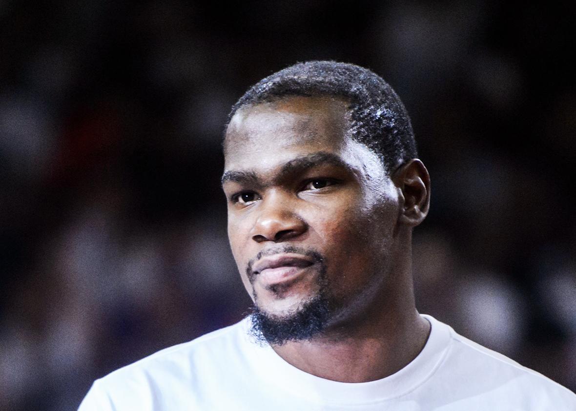 US NBA basketball player Kevin Durant #35 of the Oklahoma City Thunder looks on at a promotional event in Hong Kong on July 12, 2016.