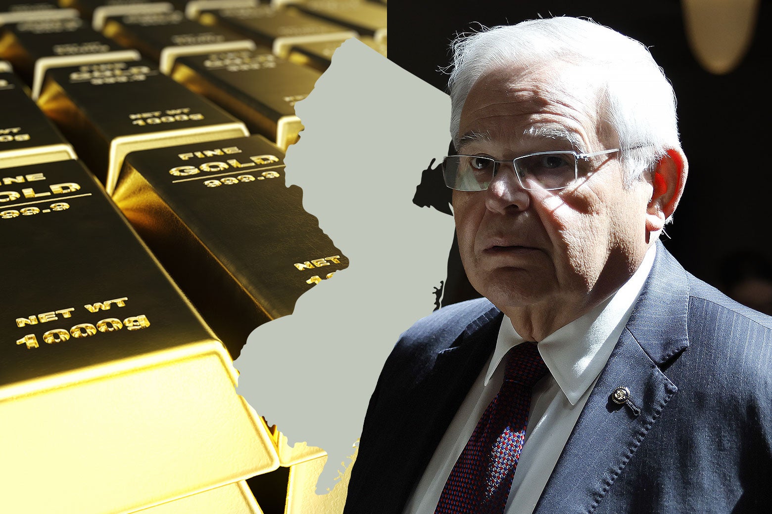 A photo illustration of Sen. Bob Menendez, some gold bars, and the outline of the state of New Jersey.
