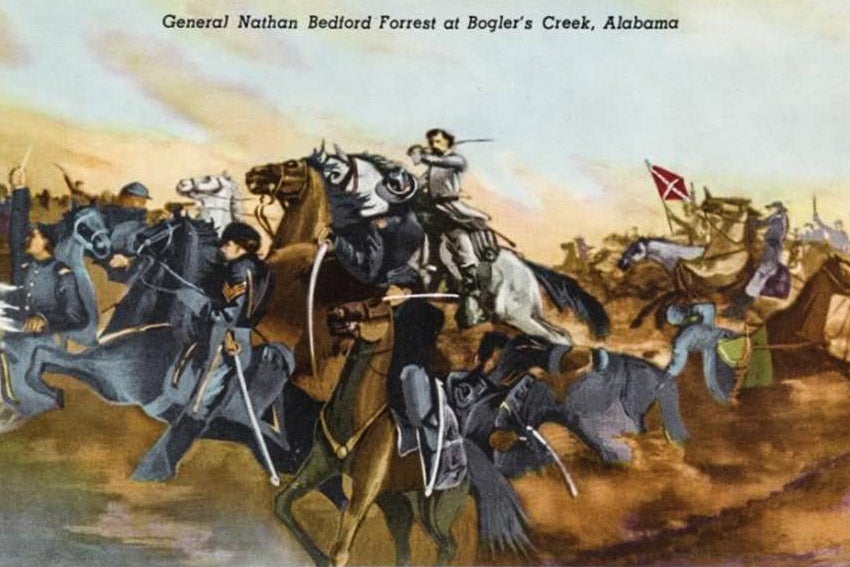 A postcard image of Nathan Bedford Forrest in a battle at Bogler's Creek