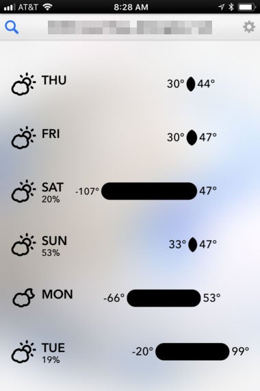 A screenshot of the app Dark Sky says that Saturday will have a high of 47 degrees and a low of -107 degrees.
