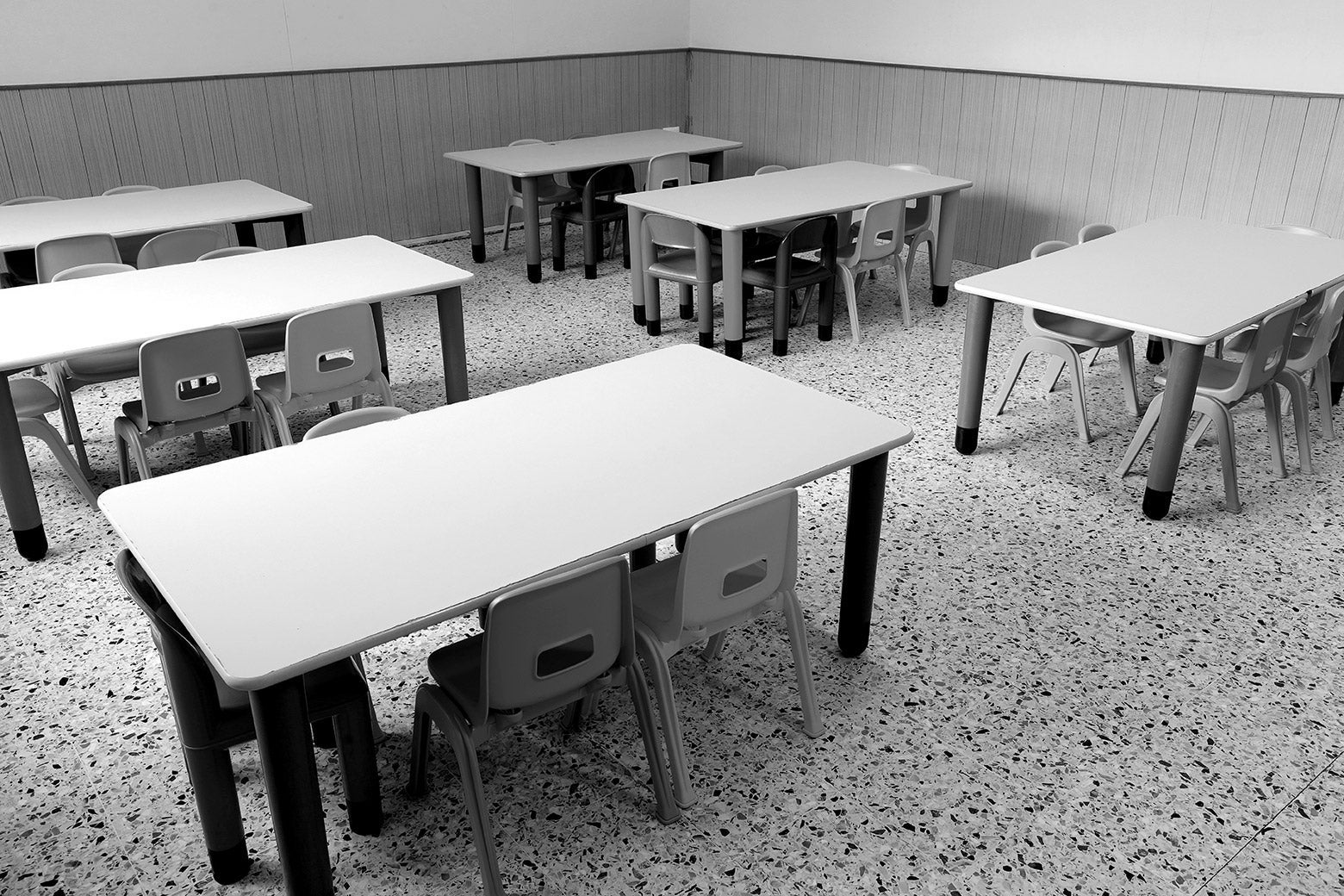  An empty grade school classroom.