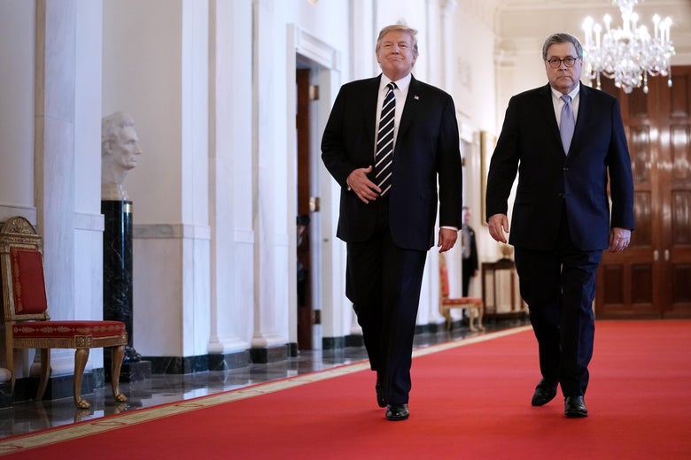 U.S. President Donald Trump and Attorney General William Barr arrive together for the presentation of the Public Safety Officer Medals of Valor in the East Room of the White House May 22, 2019 in Washington, DC. 