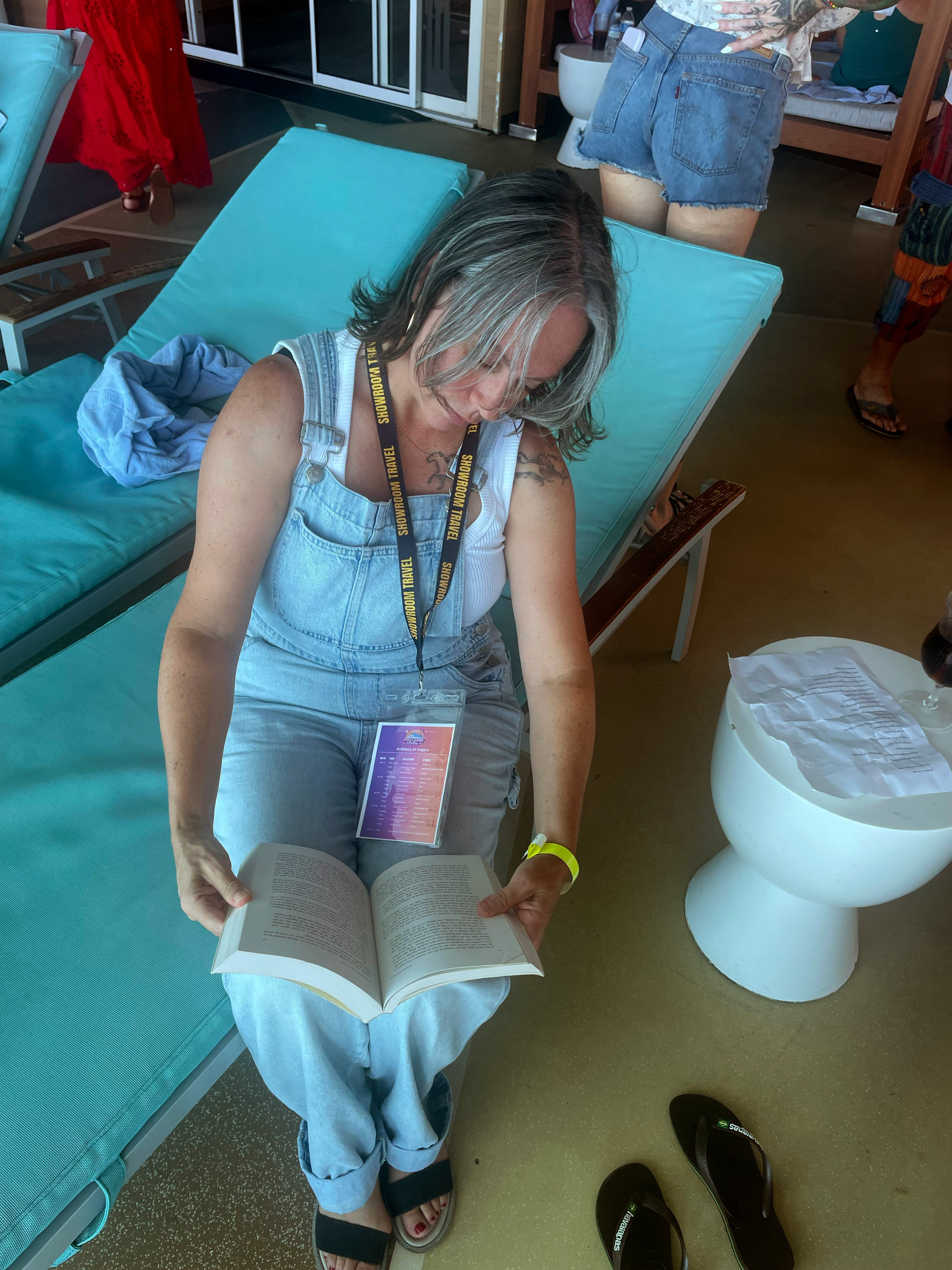 The author reading a book during the scavenger hunt.