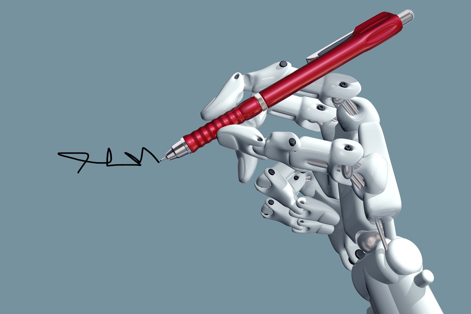 A robotic hand holds a pen.