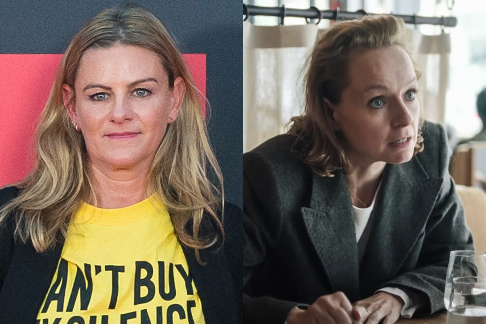 The women look remarkably similar. On the left, a blonde in a black blazer with a t-shirt underneath stands on what appears to be a red carpet. On the right, Morton, in a gray blazer with a simple white shirt underneath, leans across a cafe table, an intense look in her eyes.