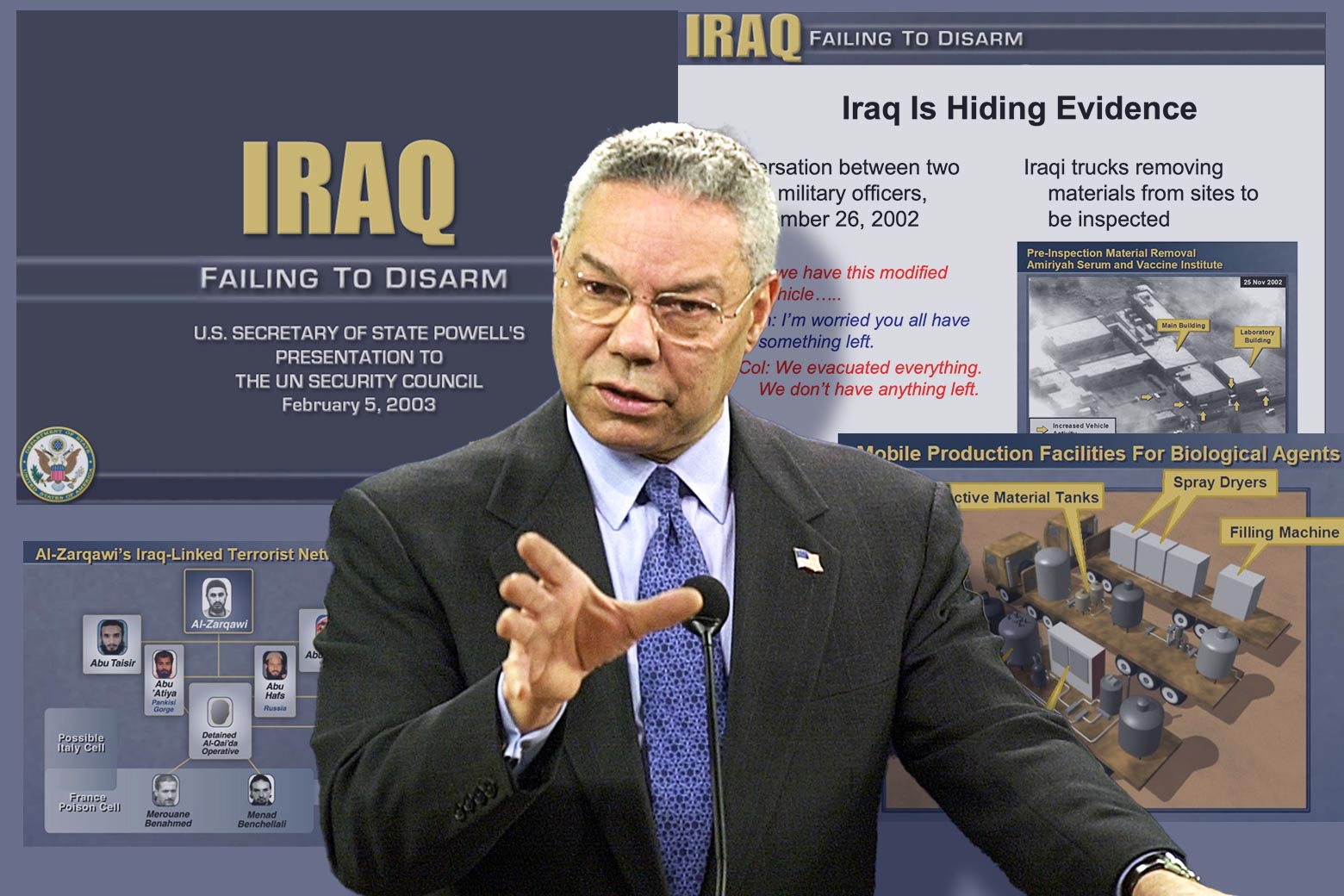 Colin Powell speaks against a background made from slides in his Iraq PowerPoint.