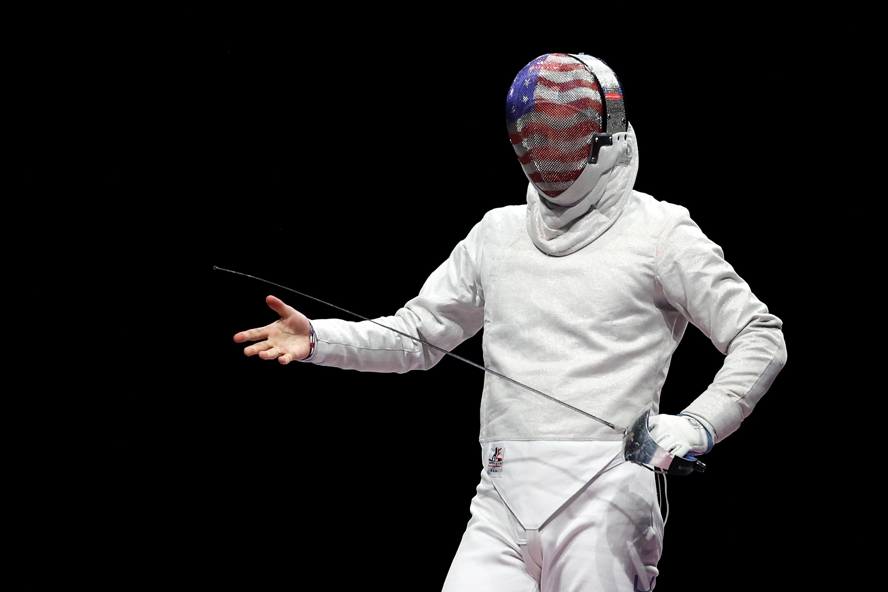 Eli Dershwitz of Team United States reacts in his men’s sabre individual bout against Junghwan Kim of Korea of the fencing on day one of the Tokyo 2020 Olympic Games at Makuhari Messe Hall on July 24, 2021 in Chiba, Japan.